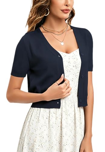 Image of Yukiuiny Women's Elegant Knit Cardigan Cropped Short Sleeve Shrugs for Spring Summer Autumn, Coat Mini Jacket Bolero for Weddings Party-Short Sleeve-Navy Blue/XL