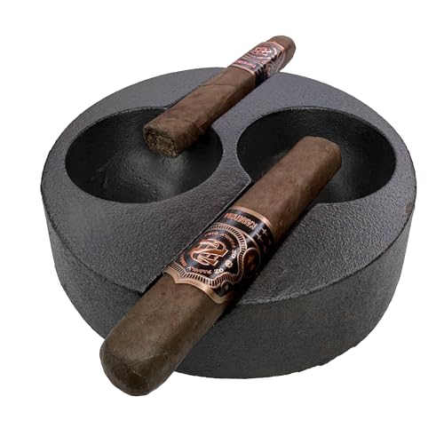 Rustic State Habano Cast Iron Cigar Ashtray for Outside Patio with Double Slot Rest Windproof Round Design Antique Ash Disposal for Indoors Outdoors - Black
