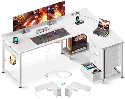 ODK Escritorio Esquinero con Cajones, 135×100 cm Escritorio en L con Enchufes y Puerto de Carga USB, Escritorio Esquina Reversible con Almacenamiento para Oficina en Casa, Blanco