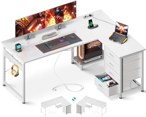 ODK Escritorio Esquinero con Cajones, 135×100 cm Escritorio en L con Enchufes y Puerto de Carga USB, Escritorio Esquina Reversible con Almacenamiento para Oficina en Casa, Blanco