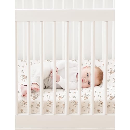 Image of Konssy Muslin Mini Crib Sheets, 100% Soft Cotton Pack and Play Sheets for Pack N Play Mattress, Playard Baby Crib Sheets for Baby Girls(Blossom, Cream)