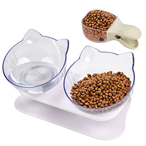 Joyibay Tigela de gato, tigela dupla para gatos com suporte elevado 15 ° tigela de alimentação para gatos antiderrapante com colher para alimentos, tigela para plimentos para gatos e cães pequenos