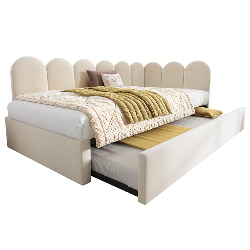 Miniatura 7 de Nadeusak Cama Tapizada, Color Beige, 90 X 200 Cm, Sofá Cama Con Cama Nido De 90 X 190 Cm, Cuna Con Somier, Terciopelo, Sin Colchón