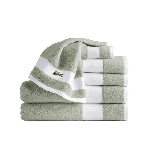 Lacoste Sport Stripe 6-Piece Luxury Cotton Towel Set – Made with 100% Soft Supima Cotton, Absorbent & Quick-Drying, Includes 2 Bath Towels, 2 Hand Towels, 2 Washcloths, Aloe