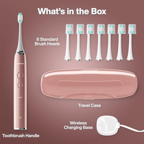 Image of Aquasonic Adult VIBE series Sonic 40000 VPM Motor & Wireless Charging 4 Modes w Smart Timer Ultra Whitening 8 DuPont Brush Heads & Travel Case Included Electric Toothbrush (Satin Rose Gold)