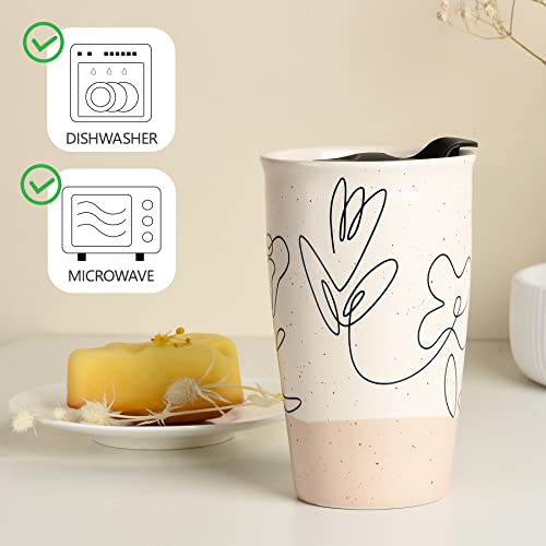 Antis's Home Ceramic Coffee Mug With Lid, Flower Pattern Double Wall Coffee Travel Mug Ceramic Tumbler 10 Oz, Reusable Tall Cup, Splash Resistant Lid, Dishwasher Microwaveable Safe #TOP4