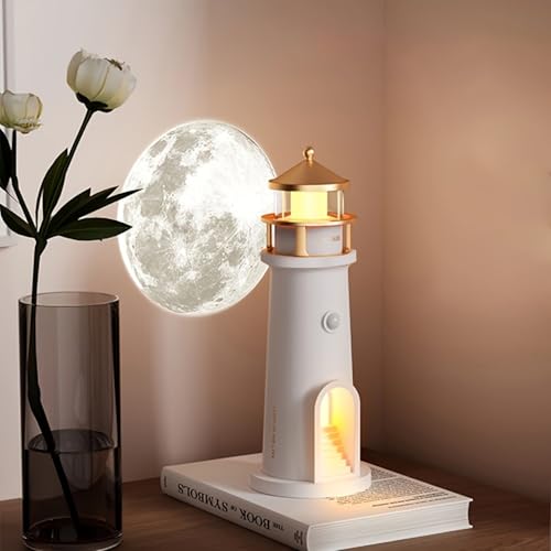 IFTHFOUR Moon Lighthouse Projector Night Light with Motion Sensor - Rechargeable LED Galaxy Table Lamp Moon Lamp for Kids Bedroom Nursery Decor - Perfect Christmas Birthday Gift for Boys & Girls