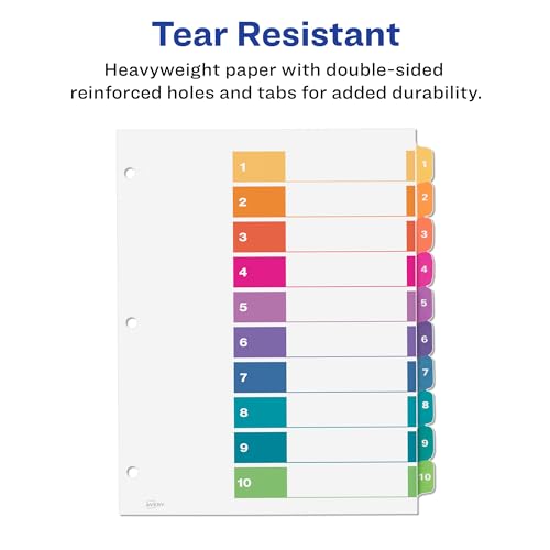 Image of Avery 10 Tab Dividers for 3 Ring Binders, Customizable Table of Contents, Multicolor Tabs, 6 Sets (11188)