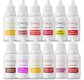 BAKE KING Combo of 12 Vanilla, Butterscotch, Mango, Paan, Rasmalai, Bubble Gum, Rose Milk, Banana, Hazelnut, Rabri, Red Velvet and Strawberry Essence 30 ML Each Essence Making Cakes, Cookies and Ice Creams Liquid Food Essence (Pack of 12)