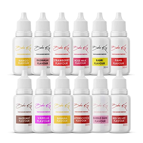 BAKE KING Combo of 12 Vanilla, Butterscotch, Mango, Paan, Rasmalai, Bubble Gum, Rose Milk, Banana, Hazelnut, Rabri, Red Velvet and Strawberry Essence 30 ML Each Essence Making Cakes, Cookies and Ice Creams Liquid Food Essence (Pack of 12)