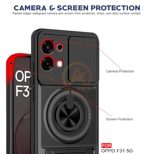 Image of Oppo F31 5G Back Cover | Armor Camera Slider 360 Degree Rotating Finger Ring Holder Case with Bracket Stand Back Case Cover (Compatible with MagSafe Accessories) (Black)