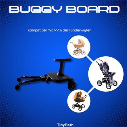TinyPath Kinder Buggy Board - Universelles Trittbrett 19cm Sitz für alle Kinderwagen & Reisebuggys | Geschenkidee | Sicher, stabil & rutschfest | Einfache Montage | Kinderwagen-Zubehör