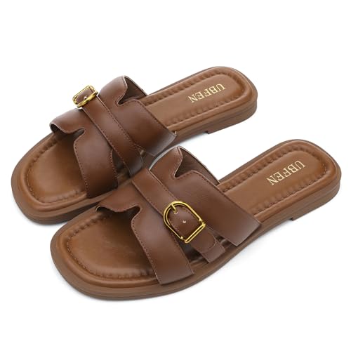 Image of UBFEN Womens Square Toe Flat Sandals Slides Dressy Comfortable for Beach