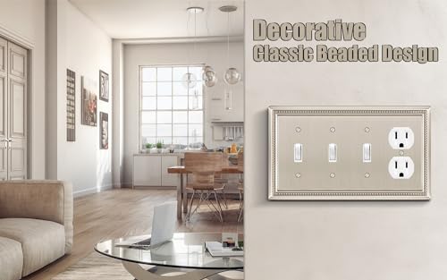 Image of Henne Bery Sunken Pearls Heavy Duty Decorative Wall Plate Switch Plate Outlet Cover (Triple Toggle /Single Duplex, Satin Nickel)