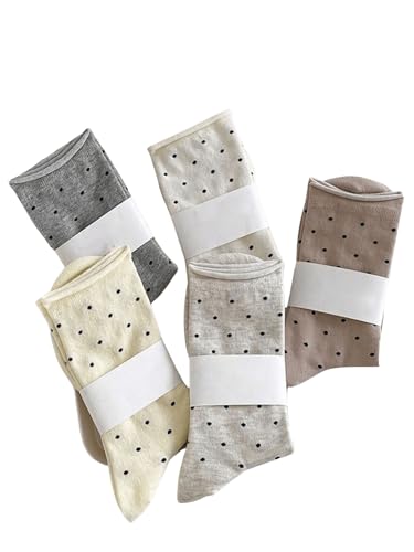 OYOANGLE Women's 5 Pairs Polka Dots Socks Roll Top Kawaii Workout Mid Calf Socks