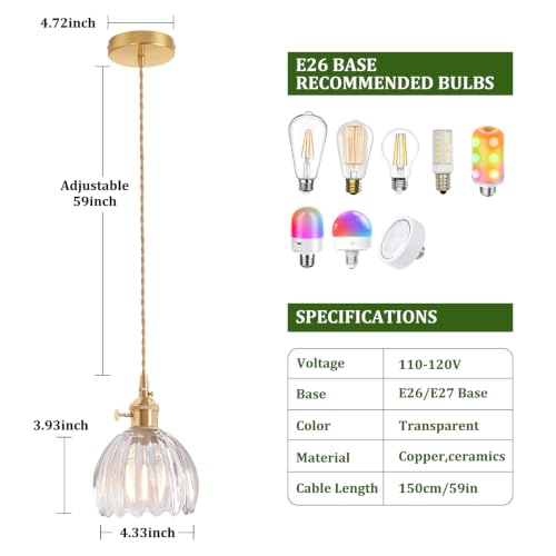 Image of Shenmoyl Pendant Light 2 Pack with Clear Tulip Glass Lmapshade, Brass Vintage Pendant Light Adjustable Hanging Light for Kitchen Island Dining Room Hallway