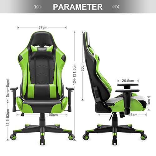 Sedia da Gaming, Ergonomica Sedia da Ufficio, Sedile Sport di Lusso Sedia Gamer, Reclinabile con Braccioli e Poggiatesta Cuscino Lombare, Sedia PC (Verde) - Sedia gaming - Immagine 2