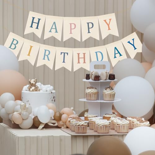 Image of Doumeny Happy Birthday Burlap Banner Boho Birthday Bunting Garland Blue Pink Bohemian Party Sign Flag Colorful Happy Birthday Bunting Banner Rustic Birthdays Garland Flag for Wall Home Porch Door