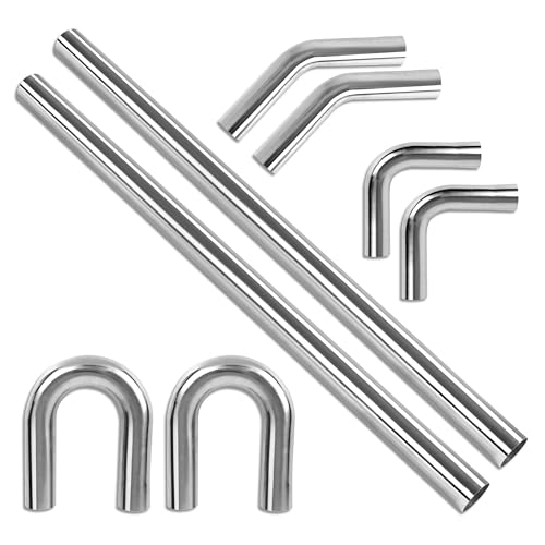 Richeer 2 inch O.D. Stainless Steel DIY Custom Exhaust Tubing Mandrel Bend Exhaust Pipe Straight & U-bend Kit, Polished Surface,Universal Fit (Set of 8)