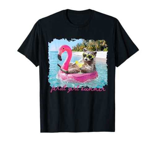 Feral Girl Summer Funny Meme Raccoon Pool Summer Vacation T-Shirt