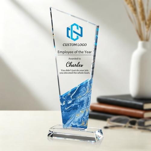 Personalized Crystal Awards and Trophies, Custom Trophy with Text Logo Photo for Farewell Retirement, Corporate Employee Recognition, Thank You Gifts for Boss Employee Teacher (Blue Marble 1)