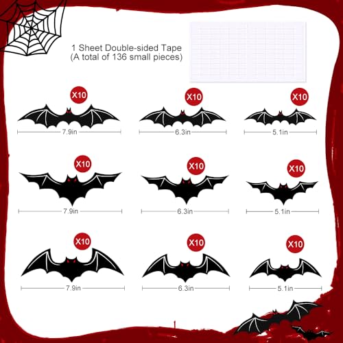 AKEROCK Halloween Decorations - Indoor 3D Bats with Glow in The Dark Eyes & Skeleton, 3 Styles, 3 Sizes Each, Includes 136 Pcs of Tape
