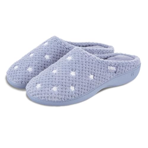 Image of Isotoner® Ladies Popcorn Terry Mule Slippers, Pillowstep® Memory Foam with 360° Surround Comfort, Secret Sole Support, Durable Sole, Machine Washable, Iris Blue Star, 8 UK