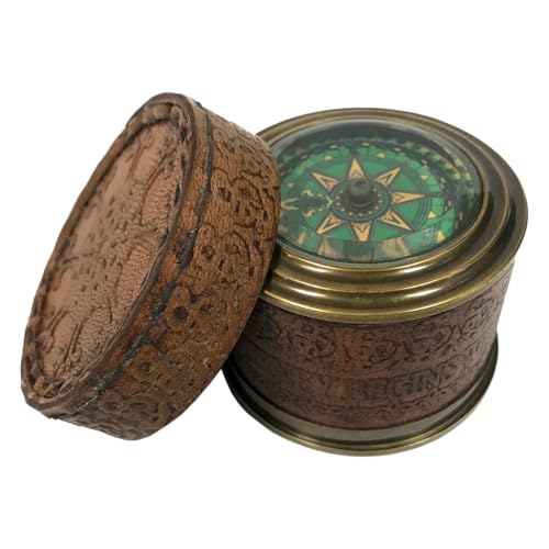 Brújula vintage de cuero con base de latón, estuche marrón grabado, diámetro 2.75 pulgadas, navegación magnética funcional, cubierta de vidrio, diseño con tapa removible, decoración náutica