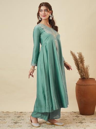 Image of MOKOSH Women's Silk Heavy Embroidered Anarkali Suit Set with Dupatta