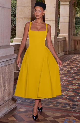 Image of Memoriesea Women's Elegant Square Neck Swing A Line Wedding Evening Party Midi Dress
