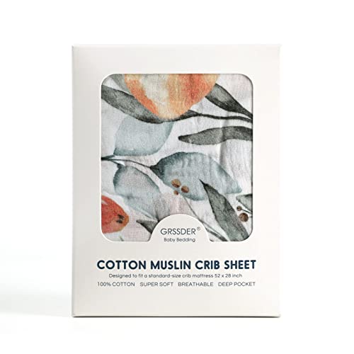 Image of GRSSDER Soft Muslin Crib Sheet 1 Pack, 100% Cotton Crib Sheets for Boys and Girls, Fit Standard Crib Mattresses 52 inch x 28 inch Safe and Snug, Stylish Cute Fruit Print