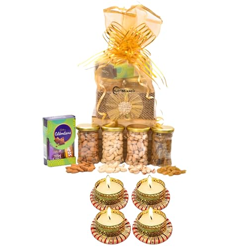 Image of NUTRI MIRACLE Diwali Dry Fruits Chocolate Nuts Gift Pack with Diya | Office Corporate Staff Hamper with Diwali Greeting Card.