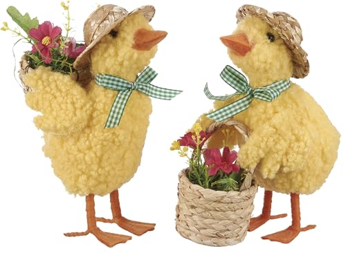 Primitives by Kathy Spring Ducks Collectible Felt Critter Set, 7.75-inch, Set of 2 Fuzzy Ducks with Corn Husk Sun Hats & Flowers - Spring & Easter Tiered Tray, Shelf, or Tablescape Decor by Primitives by Kathy - Used condition - US$21.01