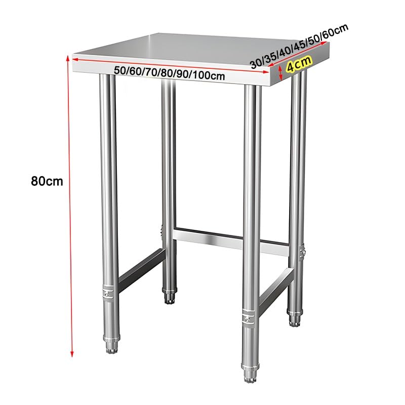 Zfmnoyev Base Abierta De La Mesa De Trabajo De Acero Inoxidable, Preparación Pesada Y Mesa De Trabajo con Pies Ajustables, Mesa De Preparación Práctica Multifuncional De Una Sola Planta(80x35x80 cm)