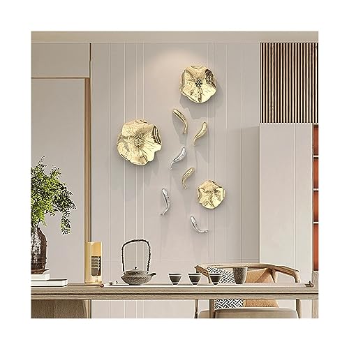 Résine stéréo carpe fish lotus leaf gold relief mural luxe - 2