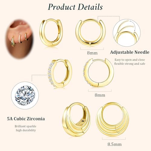 Poxtex Small 14K Gold Plated Huggie Hoop Earrings Set for Women, Hypoallergenic Trendy Hoops Stacks for Multiple Piercings, Dainty Cute Mini Lightweight Cartilage Helix Jewelry Gift Sensitive Ears - 4
