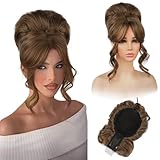 REECHO Messy Bun Hair Piece with Bangs – 2-in-1 Drawstring Ponytail Extension Updo Wig & Hair Topper with Long Side Bangs, Natural-Looking Hair Bun Hairpieces for Women - Light Brown