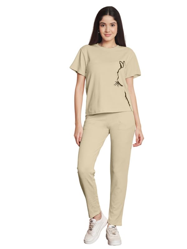 Image of DTR FASHION Polyester Blend Cat Sketch Print Tracksuit | Night Wear Suit For Women