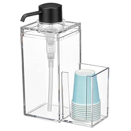mDesign Modern Plastic Mouthwash Pump Caddy and Disposable Cup Holder - Compact Storage Organizer for Bathroom Vanity, Countertop, Cupboard, Includes 8 Paper Cups - Clear/Matte Black