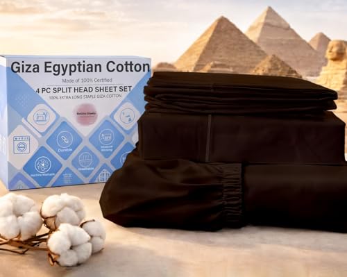 MyGiza Sheets 4 Pcs Flex Head King Sheets Sets for Adjustable Beds, 100% Certified Giza Cotton Top Split King 34 Inch Down Sheets fits 16' deep Mattress, Chocolate