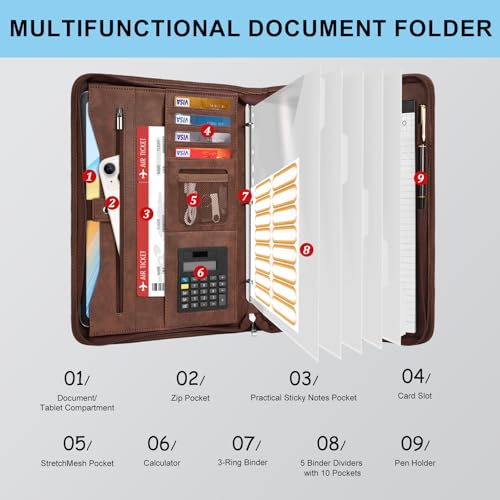 Image of Eshow Portfolio Organizer - 3 Ring Binder with Zipper, Vegan Leather Business Padfolio Folder with Notepad Includes 5 Clear Sheet Protectors for Documents Files for Men Women