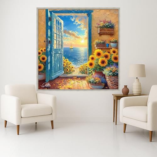 Tableau mer et tournesol romantique pour salon bord de mer de 65x65 cm - 2