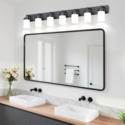 Image of Bathroom Light Fixtures, Matte Black Bathroom Lighting Fixtures Over Mirror, Modern Vanity Light with White Glass Shade, Restroom Lighting Fixtures, 7-Light 54-inch