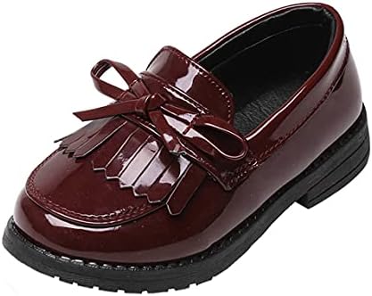 WUIWUIYU Girls Patent Leather Slip-On Penny Loafers Flats Bow Tassel Oxfords Moccasins Dress Shoes Burgundy Size 10