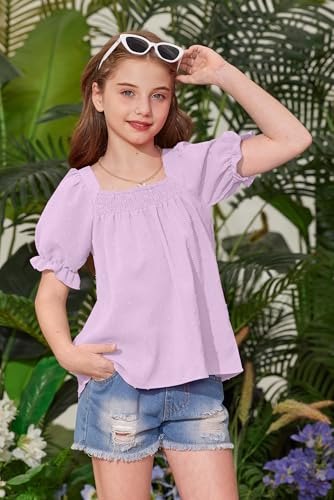 Image of BesserBay Girls Summer Puff Short Sleeve Square Neck Tee Shirts Ruffle Smocked Blouses Cute Swiss Dot Tops 5-14 Years