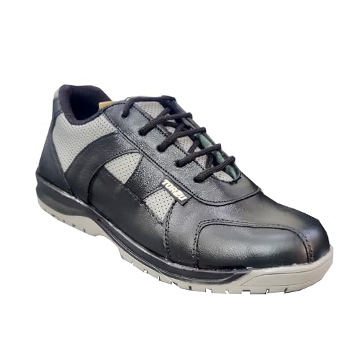 Image of Safety Shoes, Black Leather with Perforated Design, Anti-Slip Work Footwear
