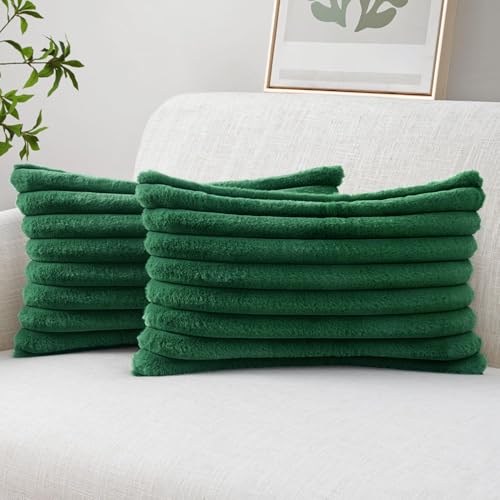 Image of MIULEE Christmas Faux Fur Decorative Throw Pillow Covers 12x20 Dark Green