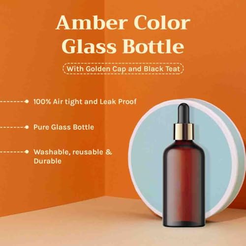 Image of Tattvalogy Amber Color Round Empty Glass Bottle With Black Dropper | For Essential Oils , Diy Skin Care , Cosmetics, Bottle | Refillable Travel Size Cosmetic Container | Set of 15 pcs - 100 ml Each