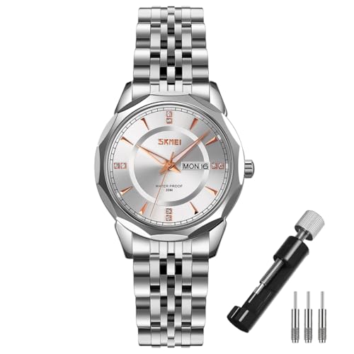 SKMEI Reloj de pulsera para mujer, de negocios, clásico, de acero inoxidable, analógico, impermeable, simple, para el día, fecha, mujer, esposa, regalos de plata y oro, Correa plateada con esfera