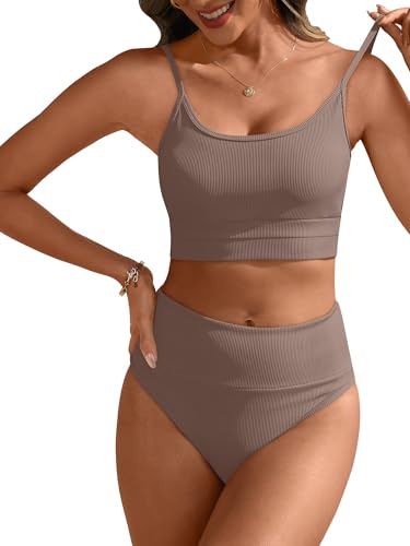 Image of ANRABESS Women's High Waisted Bikini Sets,Color Block 2 Piece Swimsuits,Tummy Control Bathing Suits,Thick Ribbed Beach Wear